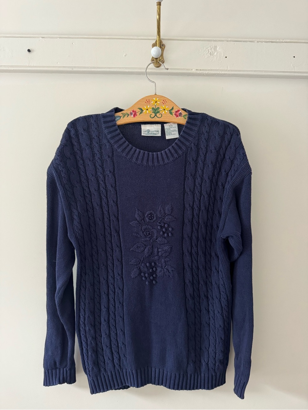 Northern Reflections “Cottage Essentials” Navy Floral Cable Crewneck Sweater